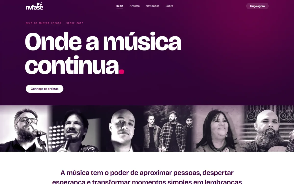 Homepage da NVFASE, com o título «Onde a música continua» sobre a identidade em roxo e magenta.