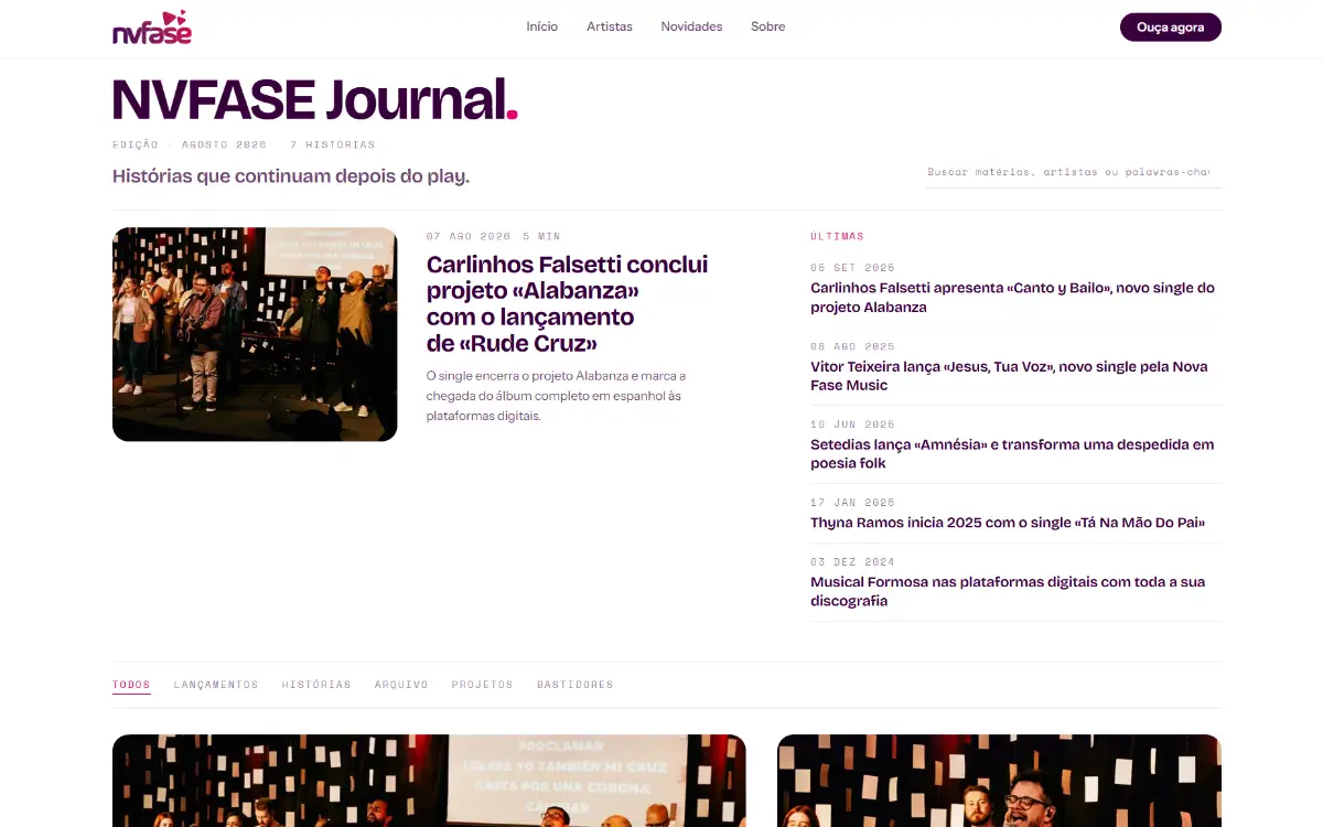Página Journal da NVFASE, com a linha de edição, a história principal e a lista de últimas.
